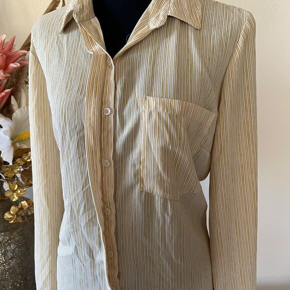 Yellow & White Striped Hidden Button Semi-Sheer Long Sleeve Career Blouse L - Picture 2 of 12